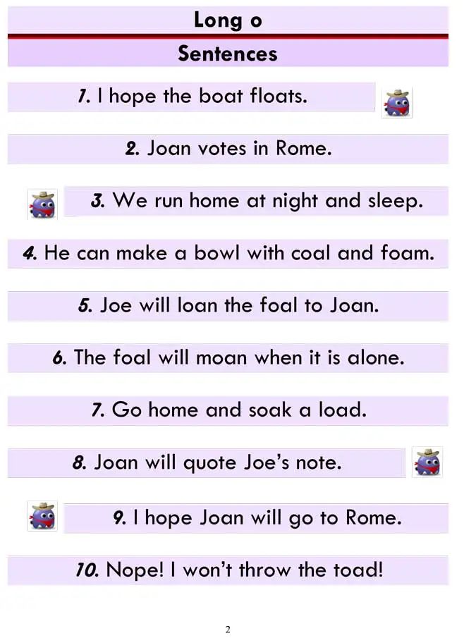 Long o word list and sentences